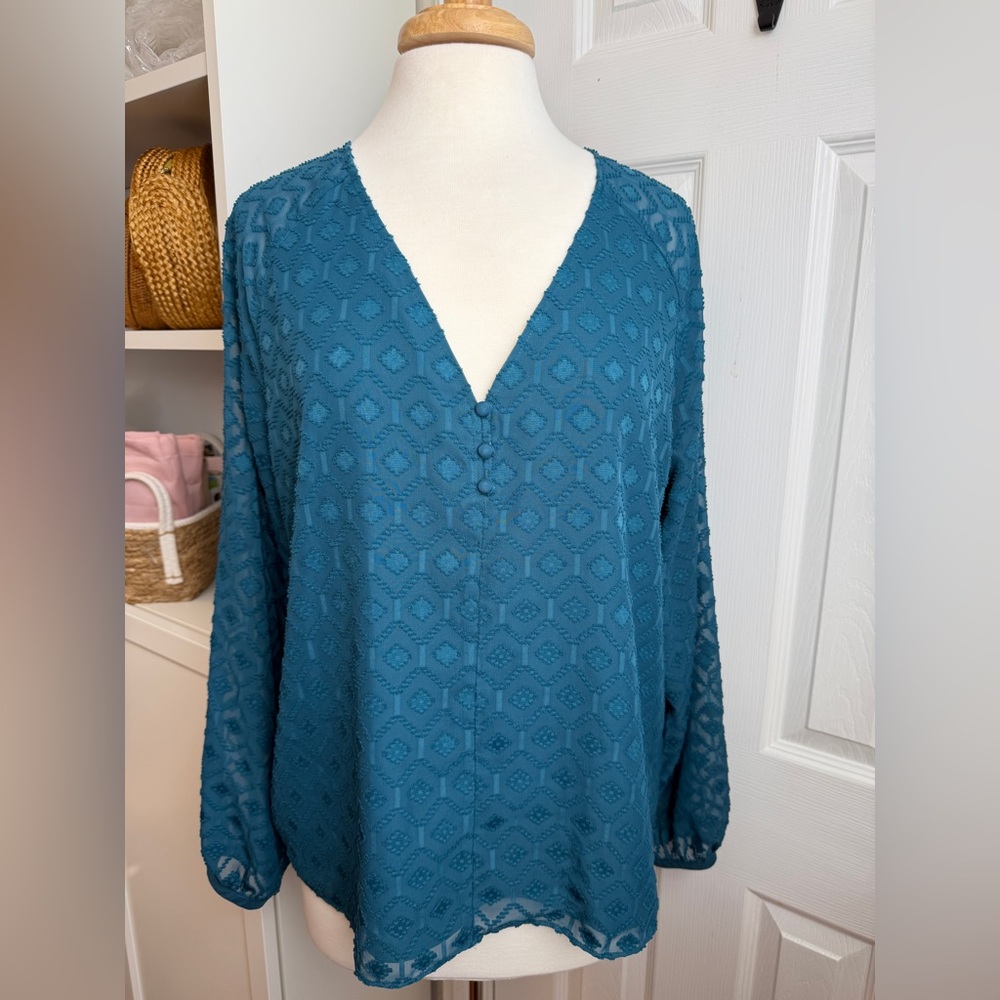 White House Black Market Teal Boho Blouse | Long Sleeve V-Neck | Size L